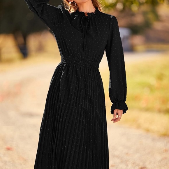 Long Sleeve V Neck Swiss Dot Pleated A Line Flowy Black Dress Wedding Formal - Picture 3 of 10